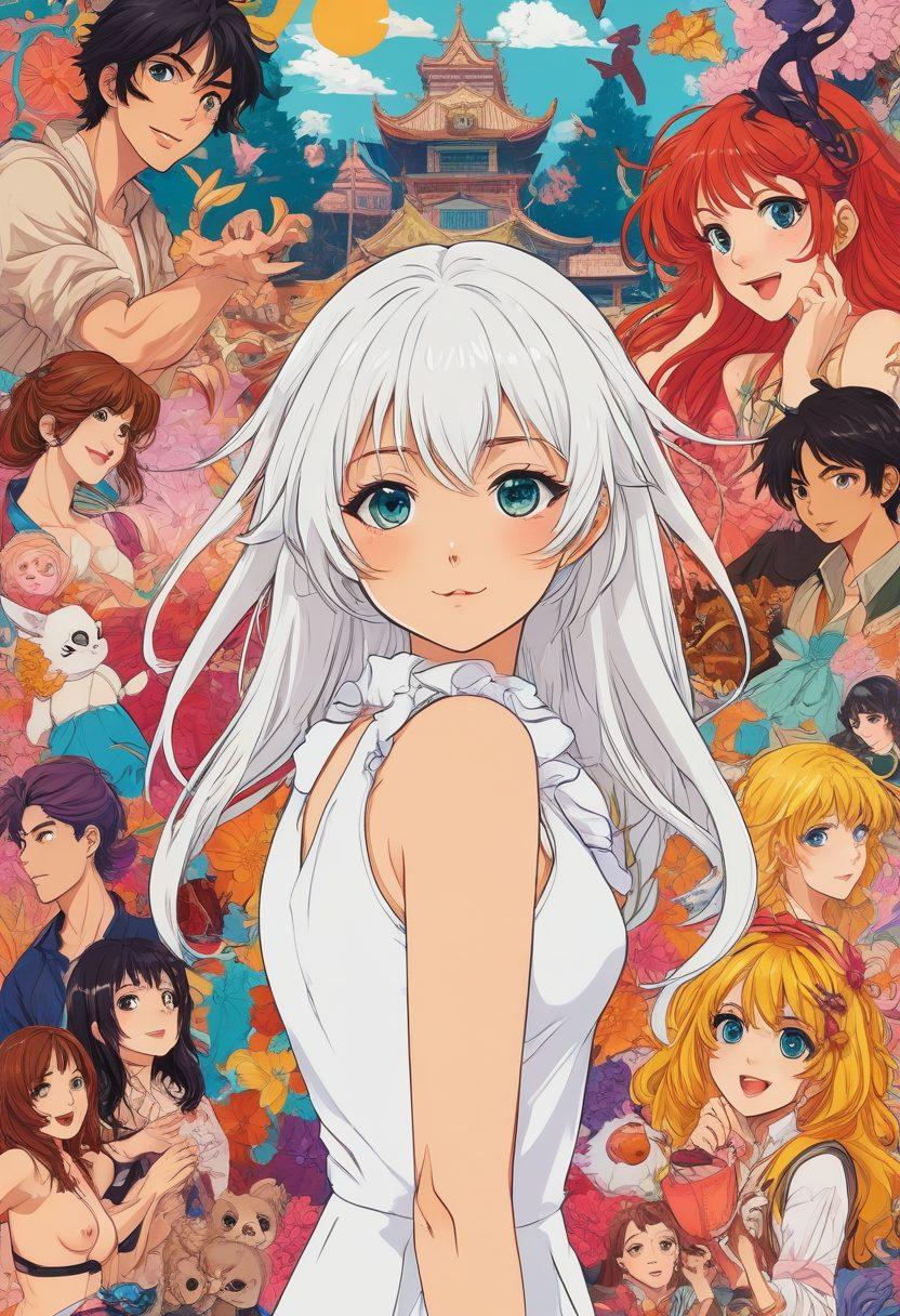 An artistic collage showcasing various hentai genres, blending iconic elements like vibrant colors, whimsical character designs, and themed backgrounds representing comedy, romance, and fantasy. Include subtle hints of playfulness, perhaps with animated expressions and diverse settings, all coming together in a harmonious layout. The composition should feel lively and inviting, capturing the essence of adult entertainment while remaining tasteful. vector art. vibrant colors. white background.