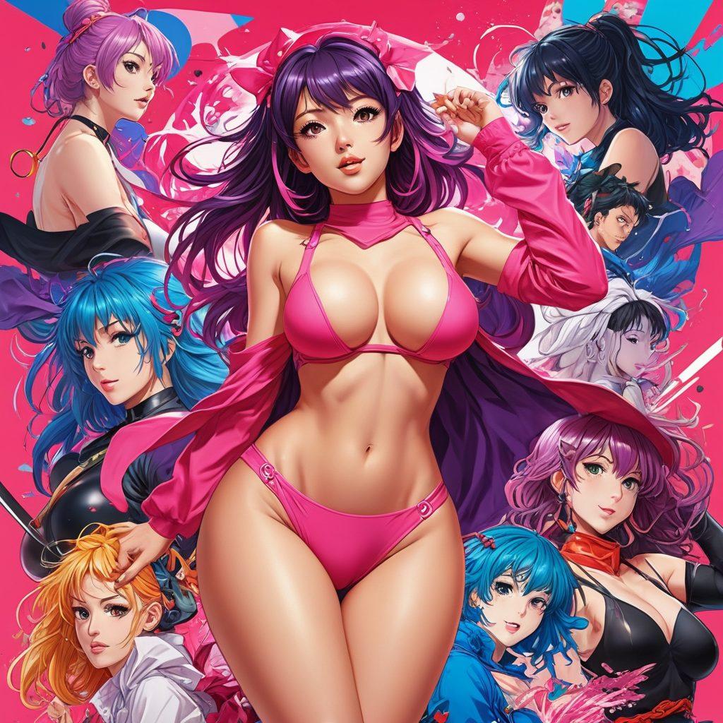 A playful and vibrant collage showcasing the top 10 hentai categories, featuring iconic elements like manga pages, stylish characters in various poses, and abstract shapes representing fantasy themes. The background should blend shades of bright pink, purple, and blue to create an energetic vibe, with hints of erotic art styles. The text 'Top 10 Hentai Categories' should be integrated creatively into the design. super-realistic. vibrant colors. dynamic composition.