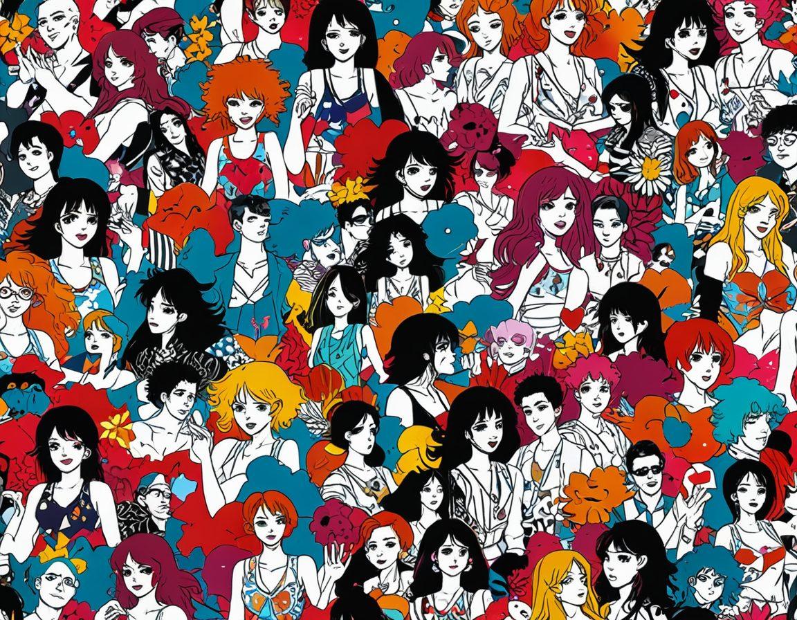 A vibrant, colorful collage depicting various key hentai categories, with stylized representations of characters in different scenarios like comedy, romance, and action. The background features an abstract design, reflecting the diversity of adult content. Use a balance of playful tones and artistic flair, with an emphasis on expressive characters and engaging settings. vector art. vibrant colors. white background.